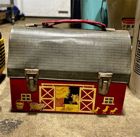 Vintage Red Barn Metal Lunchbox With Large and Small 